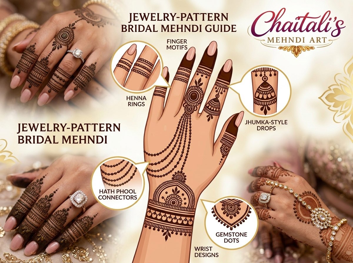 Bridal Mehndi with Finger Rings and Jewelry Patterns