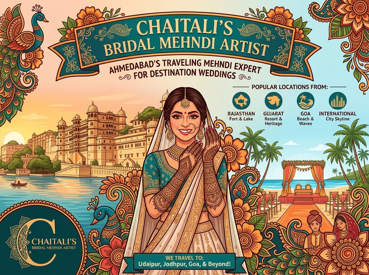 The Best Mehndi Artist in Ahmedabad for Destination Weddings Ahmedabad has quietly become one of the busiest launch pads for India's destination wedding season. Families based in the city are increasingly choosing to marry outside it — at a lakeside resort in Udaipur, a beach property in Goa, a heritage haveli in Jodhpur, or even a palace lawn in Rajasthan. Yet when it comes to the bridal mehndi, most brides don't want to gamble on an unfamiliar artist at the destination. They want the same hand that has done their sister's mehndi, or the artist whose portfolio they've followed on Instagram for months, travelling with them. That is exactly where Chaitali's Bridal Mehndi Artist comes in. We are Ahmedabad's trusted travelling mehndi artist for destination weddings, working with brides who are getting married anywhere in India — and, on request, outside it — without compromising on design quality, henna freshness, or punctuality. If you are searching for a mehndi artist in Ahmedabad who travels for destination weddings, this guide covers everything you need to plan the perfect bridal henna session, wherever your wedding takes you. 1. Why Ahmedabad Brides Prefer a Travelling Mehndi Artist Booking a local artist at the destination might seem convenient, but most brides who've been through a destination wedding will tell you it comes with real risk. Here's why so many Ahmedabad-based families choose to fly, drive, or train their mehndi artist along with them instead: Design Continuity: You've likely spent weeks curating reference images, discussing family names to be hidden in the design, or planning a portrait of the couple. A destination artist meeting you for the first time the night before the wedding simply cannot match that level of personalization. Trust with High-Value Ceremonies: Bridal mehndi sessions can run 6 to 10 hours and involve intimate family moments — the varmala rasam, kanya daan discussions, and quiet time with the bride. Families prefer an artist they already know and trust in that space. Consistent Henna Quality: Not every destination location — especially resorts in hill stations or smaller heritage towns — has reliable access to fresh, organic, cone-quality henna paste. We carry our own hand-mixed henna cones with us, prepared days in advance for peak staining strength. No Last-Minute Surprises: Local destination vendors are often double-booked during peak wedding season (October to February). A pre-confirmed, travelling artist locks in your date months in advance with zero last-minute cancellation risk. 2. Popular Destination Wedding Locations We Travel To Our team regularly travels with Ahmedabad-based wedding parties to some of India's most loved wedding destinations, including: Rajasthan: Udaipur, Jodhpur, Jaipur, Mount Abu, Pushkar — palace weddings, haveli courtyards, and lakeside resorts. Gujarat, beyond Ahmedabad: Gir, Kutch, Diu, Saputara — farmhouse weddings and resort destination weddings closer to home. Goa: Beachfront resorts and villa weddings for couples wanting a coastal celebration. Hill Stations: Mount Abu, Shimla, and other cooler-climate venues favoured for winter weddings. Outside India: For international destination weddings (Thailand, Dubai, Bali and similar), we can be booked as part of your travelling vendor team with adequate advance notice for visas and travel logistics. If your venue isn't listed here, don't worry — we've travelled to smaller towns and offbeat locations too. Share your venue details when you enquire, and we'll confirm availability and travel logistics. 3. What's Included in Our Destination Wedding Mehndi Package Destination weddings involve moving parts that a regular in-city booking doesn't — travel, accommodation, multi-day schedules, and coordinating with your wedding planner. Our destination packages are built to remove that stress from your side: A. Pre-Wedding Design Consultation Before we travel, we schedule a detailed video call or in-person meeting in Ahmedabad to finalize your design theme, reference images, names or dates to be hidden, and the overall mehndi timeline for the wedding weekend. B. On-Ground Team Coordination For most destination weddings, we send a lead artist plus supporting artists depending on your guest count. This ensures the bride's design gets full, undivided attention while family and guest mehndi is completed on schedule for the sangeet or mehndi ceremony. C. Multi-Day Availability Destination weddings often stretch across 2-4 days — haldi, mehndi, sangeet, and the wedding day itself. We build our travel schedule around your full itinerary so mehndi touch-ups or additional designs for other ceremonies (like haldi hand motifs) can be accommodated without a separate booking. D. Fresh, Travel-Ready Henna Henna paste loses staining strength over time, which is why destination bookings need extra planning. We hand-mix and pack our henna specifically for travel, factoring in your wedding date so the paste is at peak freshness — not sitting in a cone for weeks before your ceremony. 4. Signature Mehndi Styles Requested for Destination Weddings Destination weddings tend to be photographed extensively — think drone shots, golden-hour couple portraits, and detailed macro shots of the bride's hands against a palace or beach backdrop. Because of this, brides often lean toward designs that photograph beautifully: A. Destination-Themed Portrait Mehndi We can incorporate elements of your actual wedding venue into the design — a palace silhouette for a Rajasthan wedding, palm trees and waves for a Goa beach wedding, or a mountain skyline for a hill-station celebration — alongside traditional dulha-dulhan figures and Ganesha motifs. Price Range: Starting from ₹20,000 (travel charges additional) B. Airy Bridal Trail with Negative Space For outdoor and beach venues where the bride's mehndi will be seen in full-hand shots, an airy, trail-style design with generous negative space photographs far better than a heavily filled traditional pattern. Price Range: Starting from ₹12,000 (travel charges additional) C. Traditional Marwari-Rajasthani Fusion For weddings in Udaipur, Jodhpur, or Jaipur, many brides choose to lean into the location and opt for dense, traditional Marwari bridal mehndi with fine Jaali work, peacocks, and floral motifs — a nod to the region hosting their celebration. Price Range: Starting from ₹15,000 (travel charges additional) 5. Destination Wedding Mehndi Price List Pricing for destination weddings includes the design fee plus travel, accommodation, and logistics, which vary by location and group size. Below is our starting price guide; a final quote is shared after confirming your venue and dates. ServiceDesign DetailStarting PriceDestination Bridal MehndiDulha Dulhan Figures, Ganesha, Varmala & Pheras, Venue-Themed Elements, Portrait Work, Bandhej, Peacocks, Kalash, Bridal Vidai₹20,000 – ₹35,000 (+ travel)Destination Portrait MehndiCouple Portraits with Traditional Ceremony Elements, Full Hand-to-Elbow Coverage₹25,000 – ₹40,000 (+ travel)Sangeet/Haldi Mehndi (Bride)Light Floral, Trail Style, Wrist & Palm Focus for Function Wear₹6,000 – ₹10,000 (+ travel)Family & Sider Mehndi (Per Person)Floral, Peacock, Bandhej, Geometric Patterns for Mother, Sister, Sister-in-Law₹1,500 – ₹3,500 (+ travel)Guest Mehndi (Per Person, Group Rate)Simple Arabic or Indian Motifs for Wedding Guests at Sangeet/Mehndi Night₹500 – ₹1,500 (+ travel)Additional Artist (Per Artist, Per Day)For large guest lists requiring faster turnaround at group mehndi functionsOn Request Travel charges cover flight/train fare, local transport, and accommodation for the artist team, and are quoted separately based on your exact destination and number of travel days required. 6. How to Book a Destination Wedding Mehndi Artist from Ahmedabad Because destination weddings involve travel logistics, we recommend booking earlier than you would for an in-city wedding. Here's how the process typically works: Enquire Early: Share your wedding date, venue city, and expected guest count as soon as your destination is finalized — ideally 3-6 months in advance during peak wedding season (October-February). Design Consultation: We meet in Ahmedabad (in person or via video call) to discuss your vision, look at reference designs, and finalize the mehndi day schedule around your other ceremonies. Quote & Confirmation: We share a complete quote covering the design fee and estimated travel costs, and confirm the booking with an advance. Travel & Ceremony Day: Our team travels ahead of or alongside your family, arriving in time to set up for your mehndi ceremony, sangeet, or haldi function as scheduled. 7. Aftercare Tips for a Long-Lasting Stain While Travelling Destination weddings mean more time in transit, different climates, and pool or beach access — all of which can affect how your mehndi stain develops and lasts. Follow these tips: Let It Dry Naturally: Avoid air conditioning vents or fans blowing directly on wet mehndi paste, as this can cause it to crack and flake off unevenly, especially in dry hill-station air. Clove Steam Before Ceremonies: If you have a few hours before your wedding-day function, holding your hands over warm clove smoke deepens the stain — a trick worth doing at the resort the morning of the ceremony. Avoid Pool & Sea Water Early On: If your destination wedding includes beach or pool time, plan those activities before your mehndi application, not after — water exposure in the first 24-48 hours significantly fades the stain. Pack a Removal Kit: We recommend keeping mustard oil or Vicks on hand while travelling to gently remove dried paste without washing it off, preserving stain depth for your wedding-day photographs. 8. Let's Plan Your Destination Wedding Mehndi Wherever your celebration takes you — a Udaipur palace, a Goa beach resort, or a Kutch desert camp — Chaitali's Bridal Mehndi Artist can be part of your travelling wedding team, bringing Ahmedabad's design quality and organic henna craftsmanship to your destination. Explore Our Portfolio: www.bridalmehndiartist.in Follow Us for Daily Inspiration: instagram.com/chaitali_mehndiart Direct Booking: Message us on Instagram or call to check availability for your destination wedding dates and get a custom travel quote.
