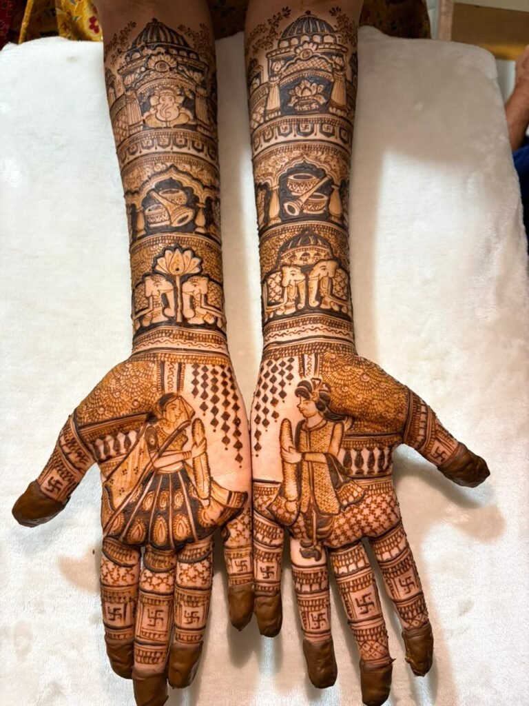 Rajasthani bridal mehndi with elephants, dhol and bride-groom figures – Chaitali's Mehndi Art